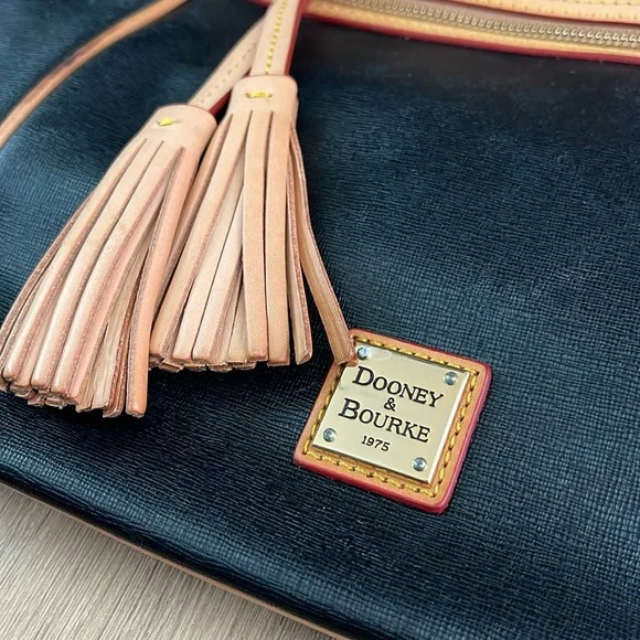 DOONEY & BOURKE Black and Tan Pebbled Leather Tassel Zip Top Tote Handbag
